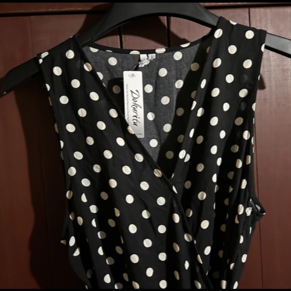 Dokuritu Polka Dot Midi Ruffled Wrap Dress Black/White Size L - NWT - Picture 3 of 16